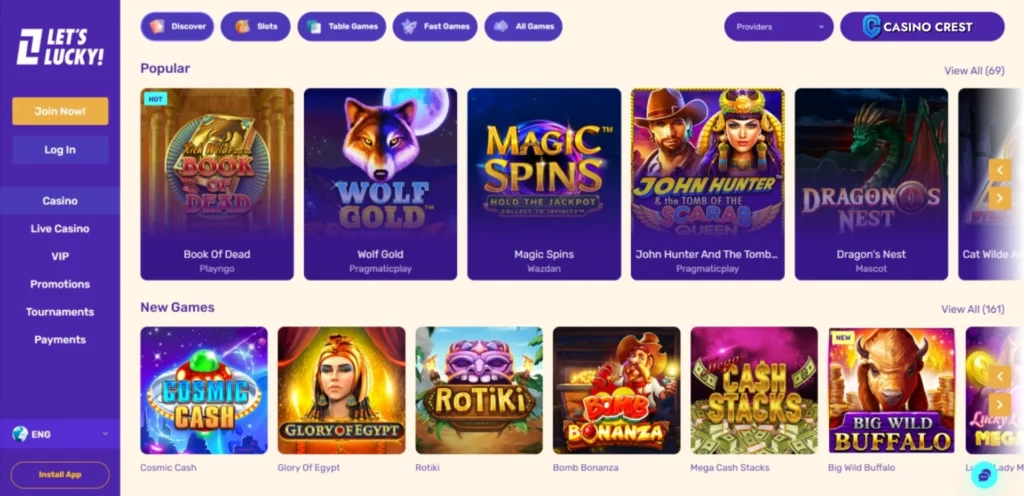 Let's Lucky Casino lobby, Let's Lucky online casino, Let's Lucky Casino crest lobby