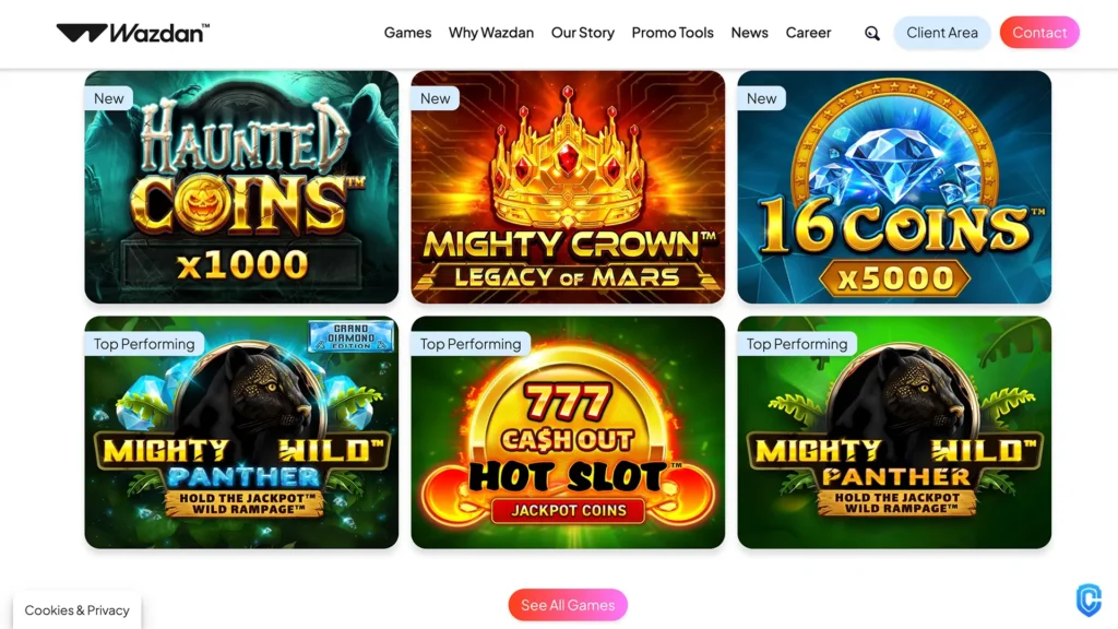 Wazdan online slots preview showing Haunted Coins, Mighty Crown Legacy of Mars, 16 Coins, Mighty Wild Panther, and 777 Cash Out Hot Slot.