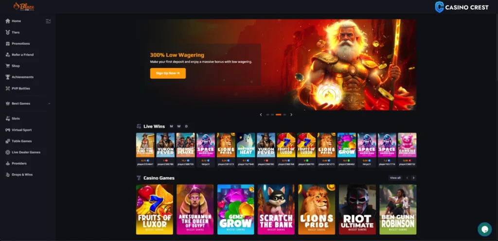 Blaze Spins Casino Lobby, Blaze Spins Online Casino Crest 