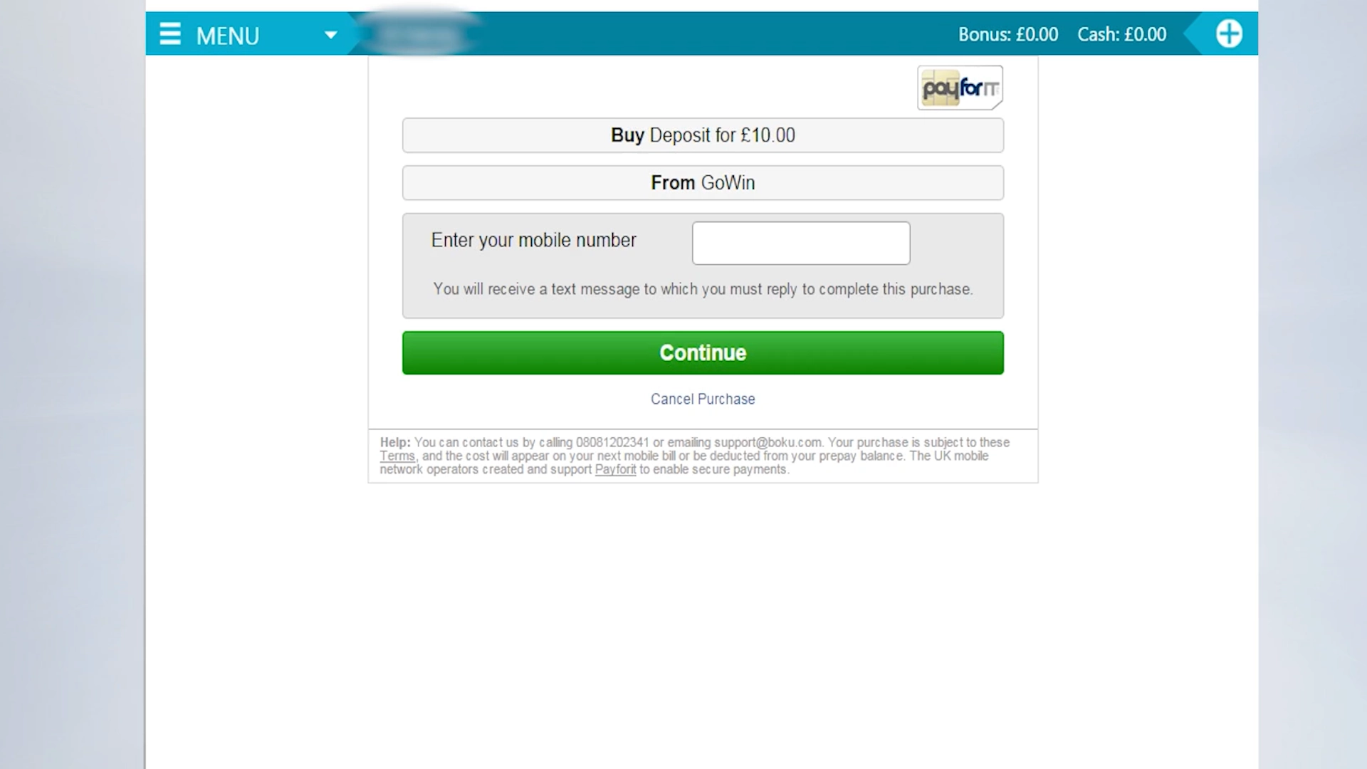 Boku payment method step 3