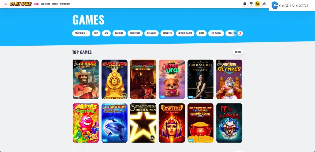 OhMySpins Casino Games, Oh My Spins casino Games, Oh My Spin Casino Crest