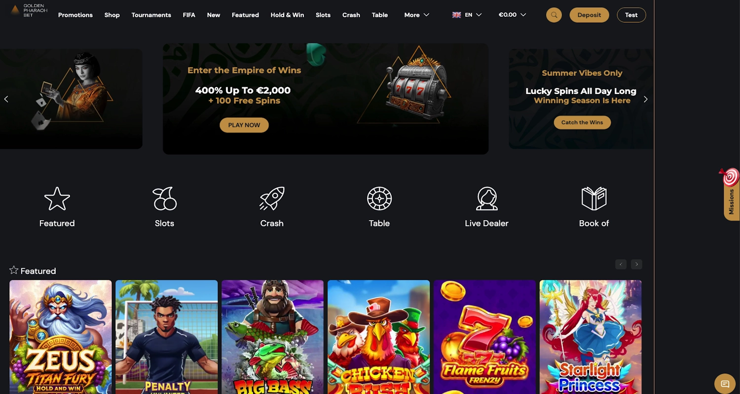 Golden Pharaoh casino homepage