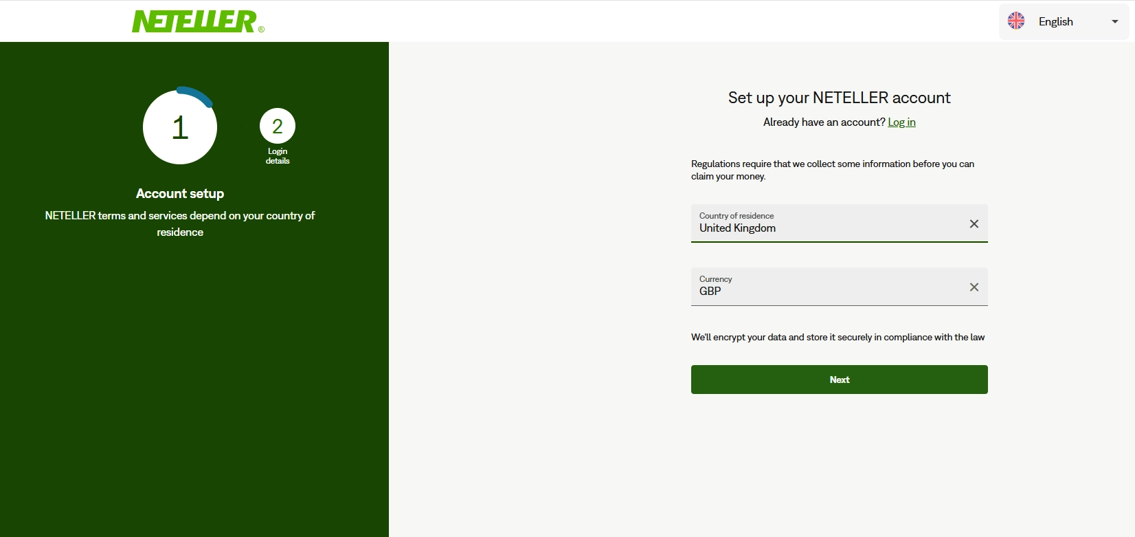 Neteller account creation step 2