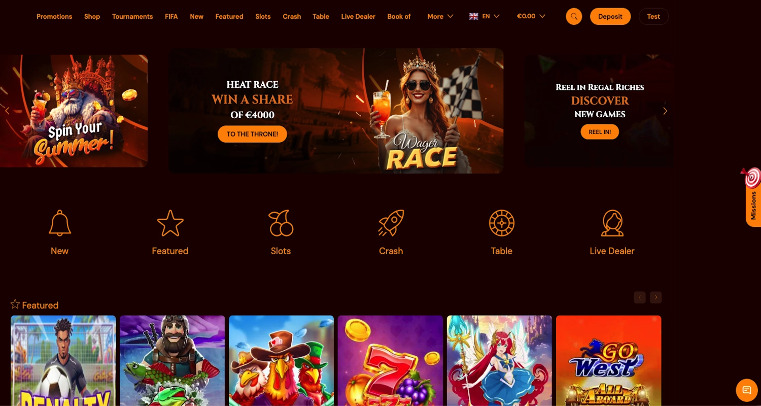 Spins Castle casino homepage