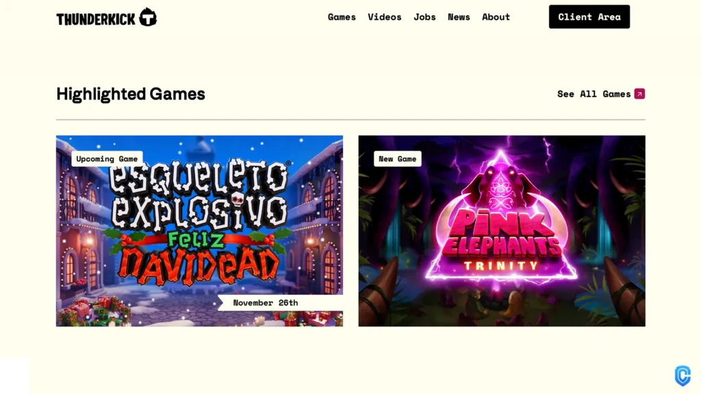 Thunderkick highlighted games section featuring upcoming slot Esqueleto Explosivo Feliz Navidad and new game Pink Elephants Trinity.