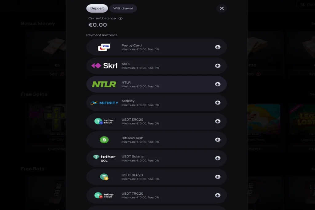 Casinova casino payment methods
