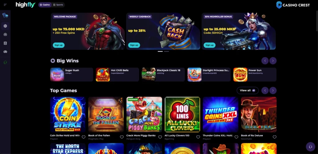HighFly Bet Online Casino Crest, HighFly Bet Online Lobby