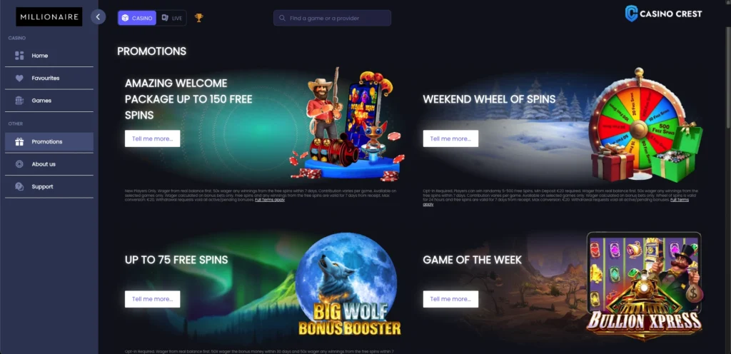 Millioner casino online promotions, millionair online casino crest