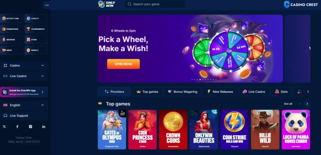 OnlyWin Casino Lobby, OnlyWin Casino Crest
