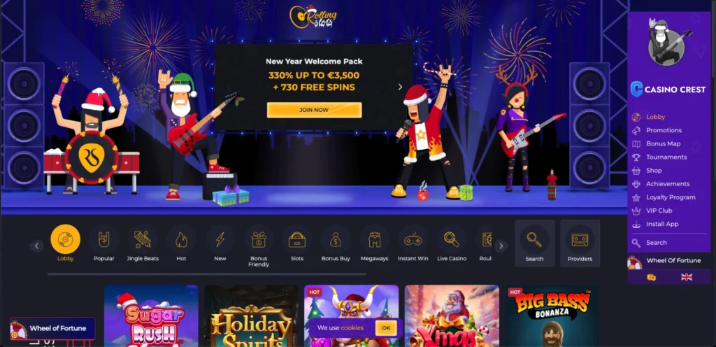 Rolling Slots Casino Lobby, Rolling Slots Casino Crest