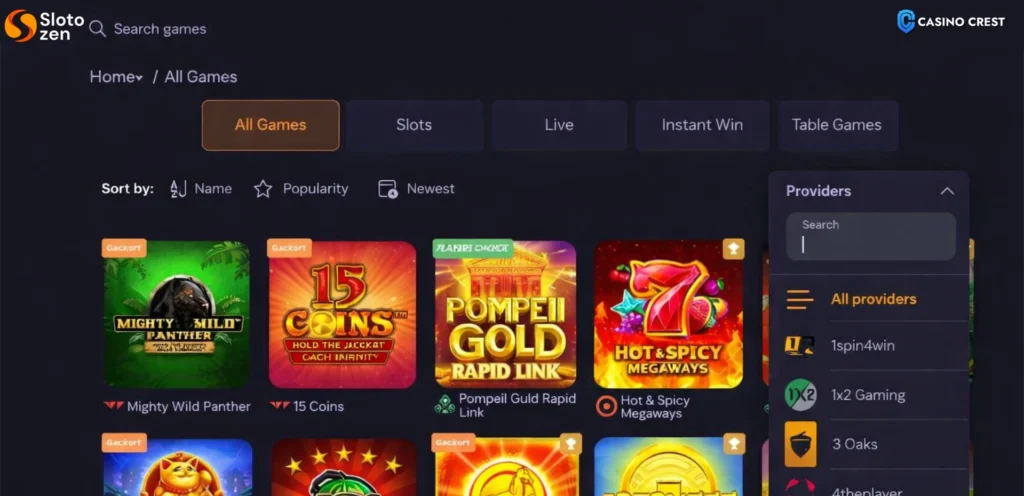 Slotozen Online Casino Crest, Slotozen Online lobby
