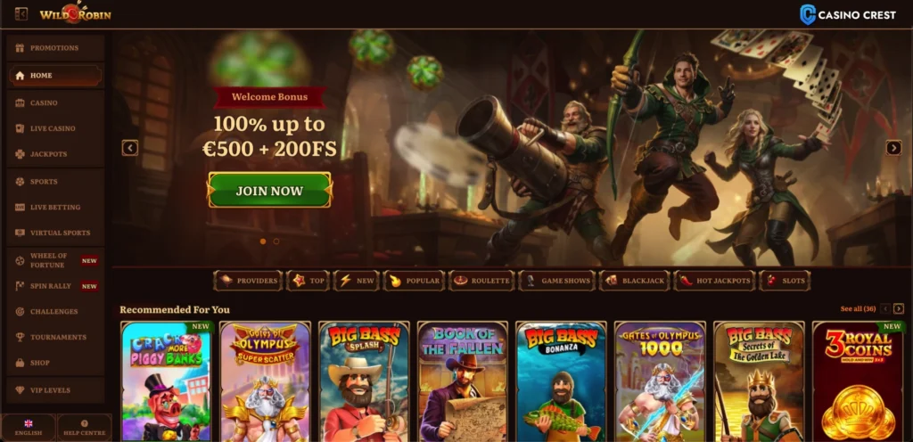 Wild Robin Casino Lobby, Wild Robin Online Caino Crest 