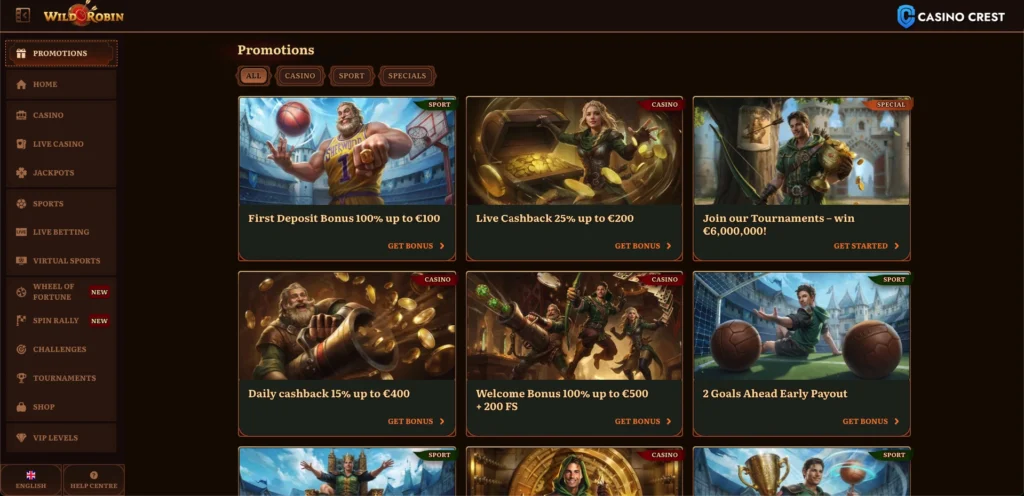 Wild Robin Casino Promotions, Wild Robin Online Caino Crest 