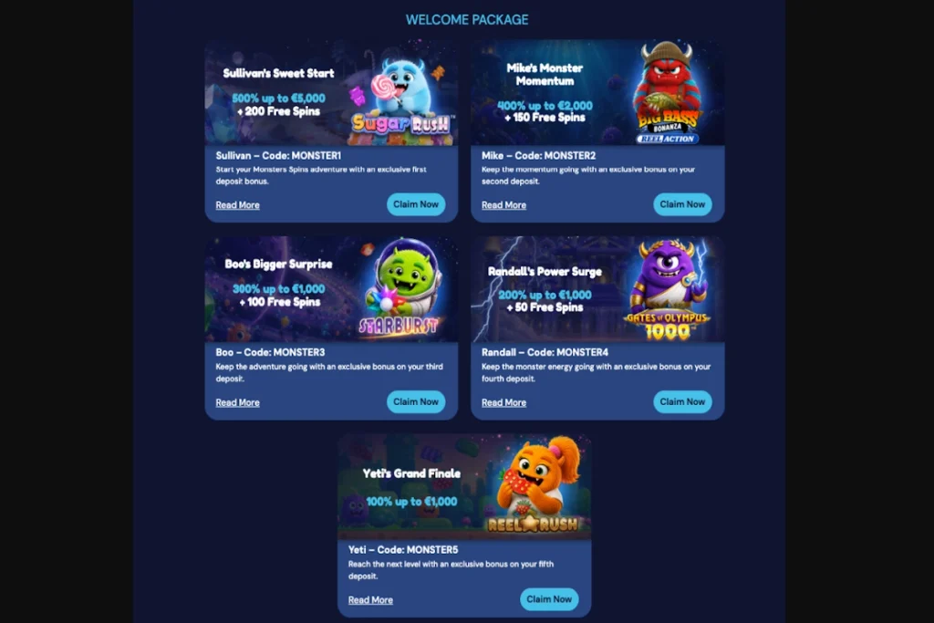 Monsters Spins Casino bonuses